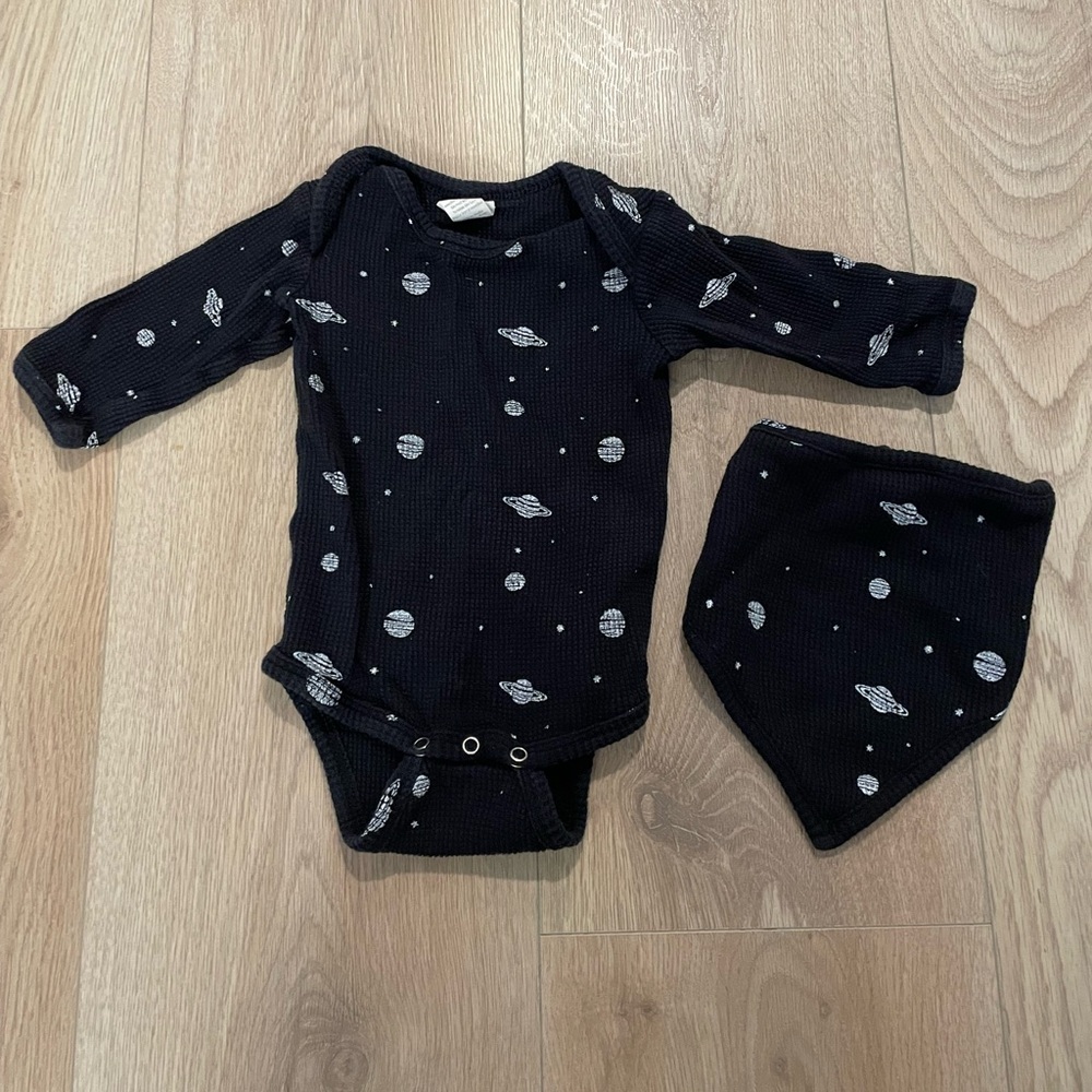 kate quinn Black Space Planet Long Sleeve One-Piece with Bandana Bib
